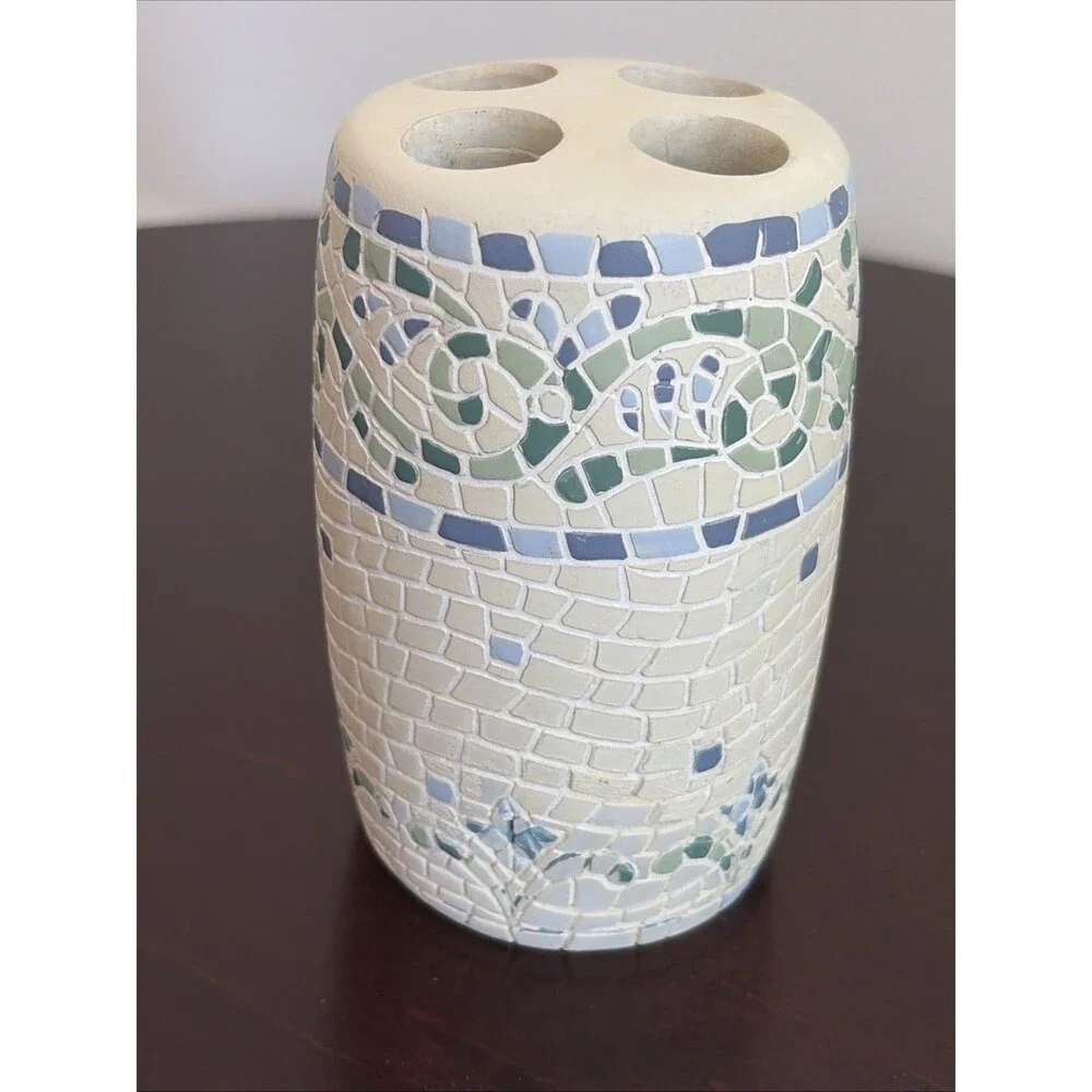 Casual Home Ceramic Toothbrush Holder Mosaic Blue Green And Cream  5 In Tall
